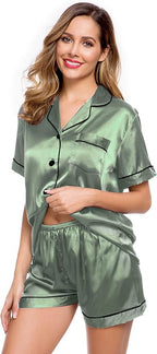 LecGee Womens Silk Satin Pajamas Short Sleeve Loungewear Two-Piece Sleepwear Button-Down Pj Set