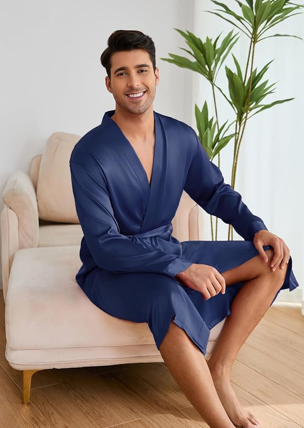 ZUEVI Men's Kimono Robe Set Silk Satin Long Sleeve Bathrobe with Shorts 2 PCS Sleepwear Pjs Sets