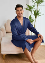 ZUEVI Men's Kimono Robe Set Silk Satin Long Sleeve Bathrobe with Shorts 2 PCS Sleepwear Pjs Sets