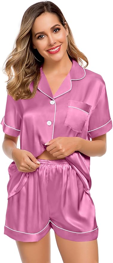 LecGee Womens Silk Satin Pajamas Short Sleeve Loungewear Two-Piece Sleepwear Button-Down Pj Set