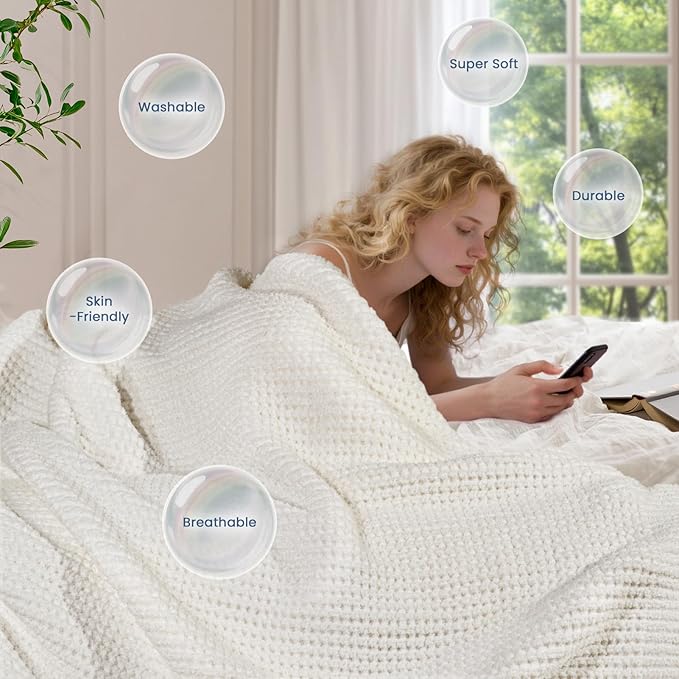 Waffle Knit Twin Blanket, Luxury Cozy Chunky Knit Twin Blanket for Couch, 60 x 80 Inch Thick Ultra-Soft Feather Yarn Knitted Blankets for Sofa, Bed, Home Decor - Off White