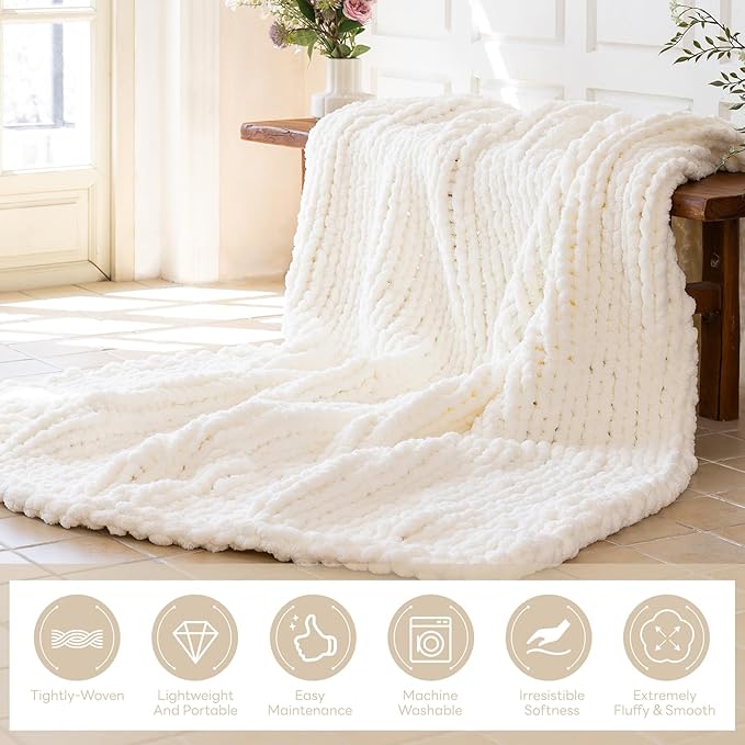 Chunky Knit Blanket - Luxury Soft Cozy 40 * 50 Throw Blanket,100% Woven Blanket Rope Knot Throw Blanket for Couch, Sofa, Home Decor, Gift - Machine Washable (Ivory White, 40 * 50)