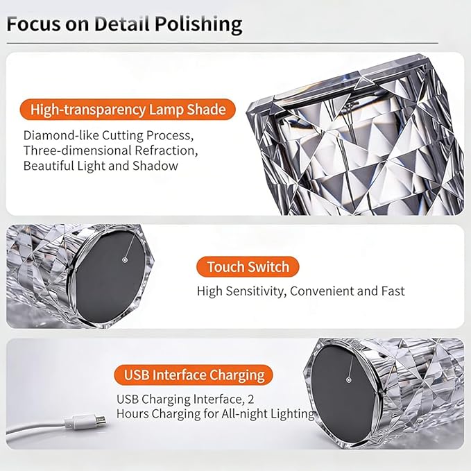 Can Switch 16 Colors Artificial Crystal Table Lamp, 2026 New 16 Color Rose Crystal Diamond LED Table Lamp, RGB Color Changing Rose Diamond Design, with Remote Control USB Charging Touch Sensor (Small)