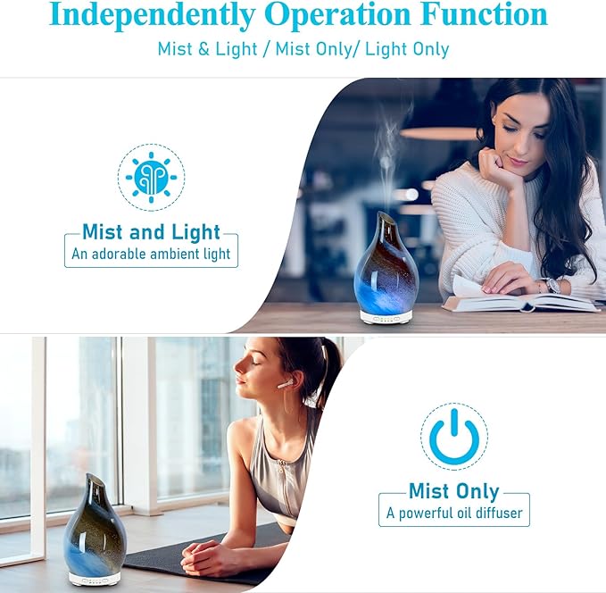 Essential Oil Diffuser 120ML Glass Aromatherapy Diffuser with 4 Timer Settings & 7 Color Changing Lights, Auto Shut-Off, Ultra Quiet Oil Diffuser for Home, Office, Yoga, Spa and Sleeping