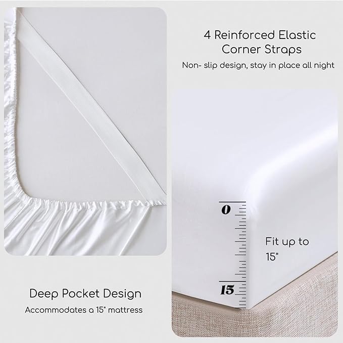 MR&HM Satin Bed Sheets, Queen Size Sheets Set, 6 Pcs Silky Bedding Set with 15 Inches Deep Pocket for Mattress (Queen, White)