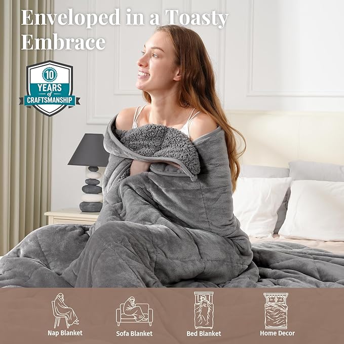 Topblan Sherpa Fleece Weighted Blanket for Adult, 15 lbs Dual Sided Cozy Fluffy Heavy Blanket, Ultra Fuzzy Throw Blanket with Soft Plush Flannel Top, 60 x 80 inches, Grey