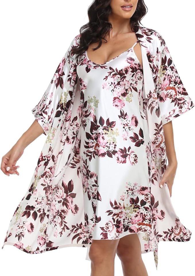 Women's Satin Robe Sets 2 Piece Nightgown Silk Pajama Sexy Floral Lingerie Lace Cami Sleepwear Night Robes