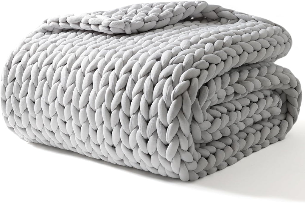 YnM Knitted Weighted Blanket, Hand Made Chunky Knit Weighted Throw Blanket for Sleep, Stress or Home Décor (French Silver, 60''x80'' 20lbs), Suit for One Person(~190lb) Use on Queen/King Bed
