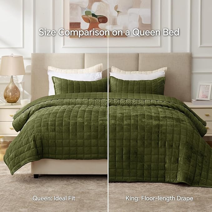 BEDELITE Velvet Quilt Set Queen Size - Luxury Velvet Comforter Bedding Set 3 Pieces, Lightweight Soft Cozy Olive Green Oversized Bedspread Coverlet for All Seasons with 2 Pillow Shams