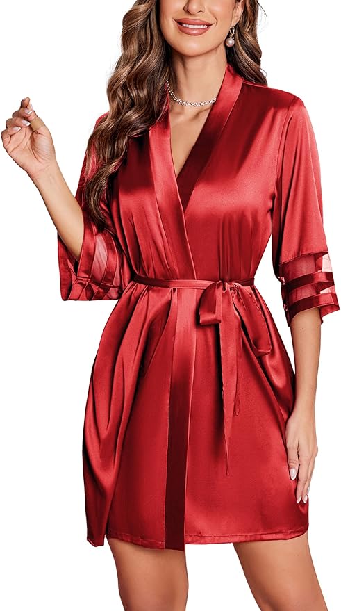 Ekouaer Women's Satin Robe Silk Kimono Bathrobe Bridesmaid Wedding Bridal Party Robes 3/4 Bell Sleeve Sleepwear S-XXL