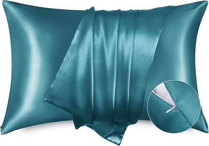 Bedsure Satin Pillowcase with Zipper, Similar to Silk Pillow Cases 2 Pack, Satin Pillow Cases Queen Size Set of 2, Silky & Soft Teal Pillow Covers for Hair and Skin, Gifts for Women Men, 20x30 Inches