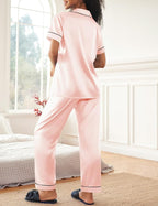 Ekouaer Womens Silky Satin Pajamas Set Short Sleeve Button Down Sleepwear 2 Piece Lounge Set Pj Set
