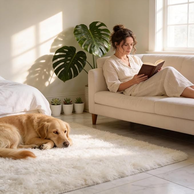 Shag Cream Rug 6x9 Area Rugs for Bedroom Living Room - Non Slip Ultra Soft Large Fluffy Fuzzy Shag Plush Shaggy Furry Rug for Dorm Kids Room Nursery Playroom, Home Office Modern Carpet Decor