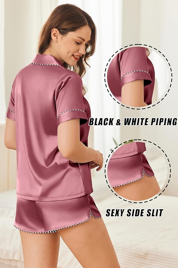 Ekouaer Silk Satin Pajamas Set Short Sleeve Pj Sets Black & White Contrast Piping Pjs Button Down Lounge Sets 2 Piece