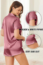 Ekouaer Silk Satin Pajamas Set Short Sleeve Pj Sets Black & White Contrast Piping Pjs Button Down Lounge Sets 2 Piece