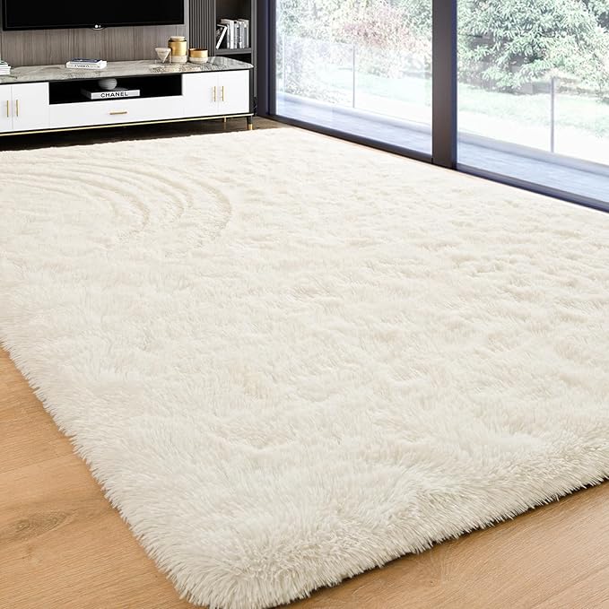 Softlife Area Rug for Bedroom, Fluffy Shag Plush 3x5 Cream Rugs for Living Room Girls, Shaggy Throw Soft Fuzzy Small Kids Carpet for Dorm Bedside Ultra Cozy Non-Slip Indoor Decor