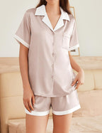 Ekouaer Womens Silk Satin Pajama Set Short Sleeve PJs 2 Piece Button Down Top and Shorts Notch Collar Sleepwear Sets Soft Pjs