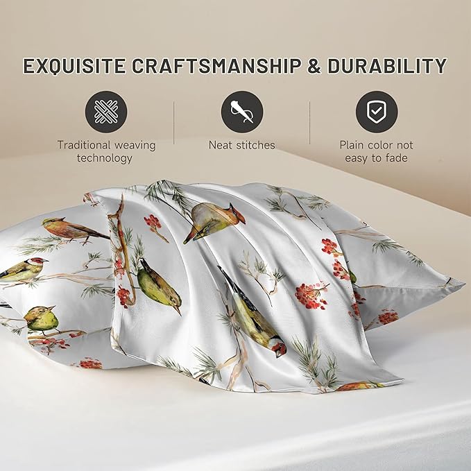 Silk Like Pillowcase for Hair and Skin Watercolor Forest Birds Floral 1 Pack Satin Pillowcase with Hidden Zipper Soft Breathable Smooth Cooling Pillow Cover Queen Size for Bedroom Sofa 20”x30”