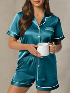 LILLUSORY Silk Satin Pajama Set for Women 2 Piece Lounge Pjs Winter Matching Summer Sleepwear Button Down Shirt Shorts