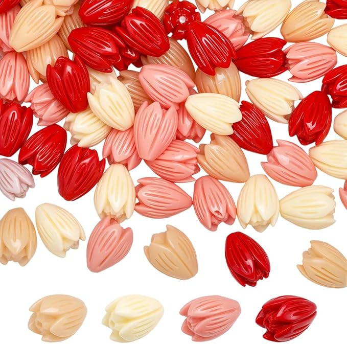 100Pcs 9x11mm 4 Colors Pikake Flower Beads 3D Floral Beads Summer Colorful Artificial Red Carved Jasmine Synthetic Coral Smooth Spacers Findings for Jewelry Making Bracelets Necklaces Adults