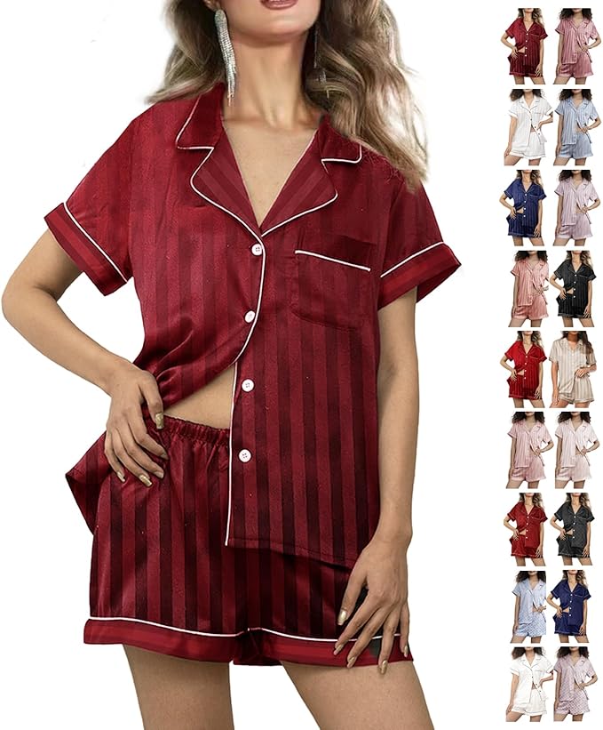 WJing Yi Jia Womens Silk Satin Pajamas Loungewear Two-Piece Sleepwear Button-Down Floral Pj Set XS-4XL