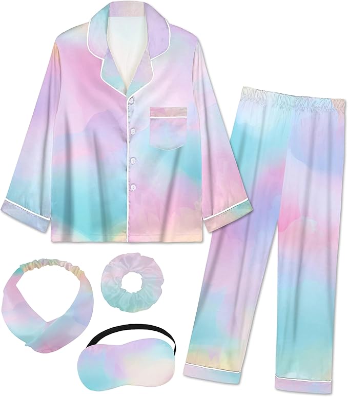 EPLAZA Kids Satin Pajamas Sets Girls Boys Button-Down Silky Pajamas Sleepwear with Hairband Eye Mask Hair Tie