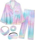 EPLAZA Kids Satin Pajamas Sets Girls Boys Button-Down Silky Pajamas Sleepwear with Hairband Eye Mask Hair Tie