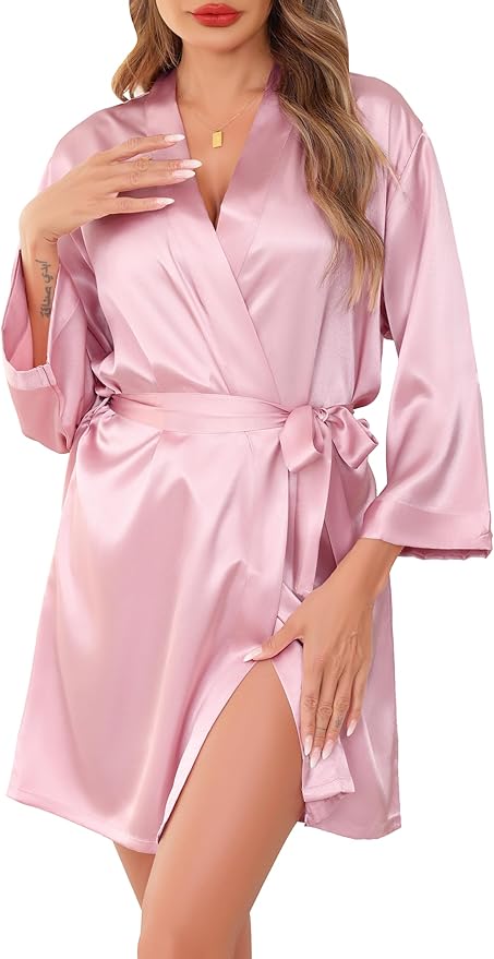 Women's Robes Satin Bathrobe Lightweight Short Silk Kimono V-Neck Bride Bridesmaids Loungewear