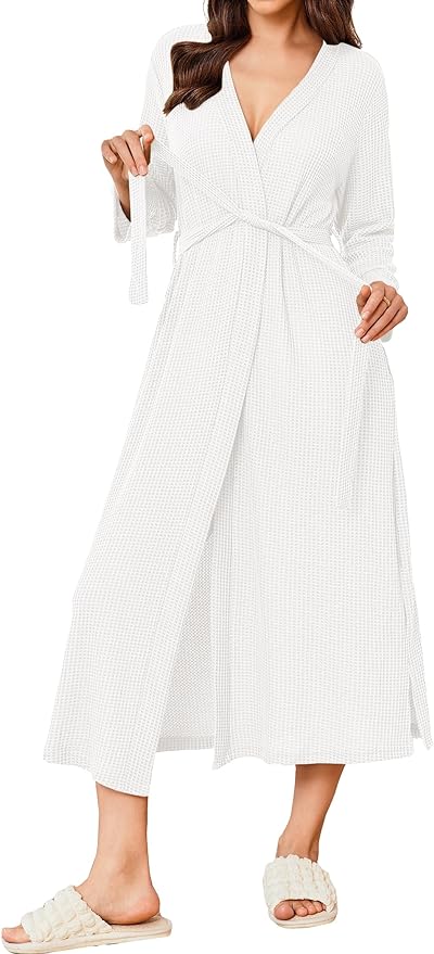 Ekouaer Women's Robe Long Waffle Knit Bathrobe Lightweight Soft Kimono Robes Loungewear S-XXL