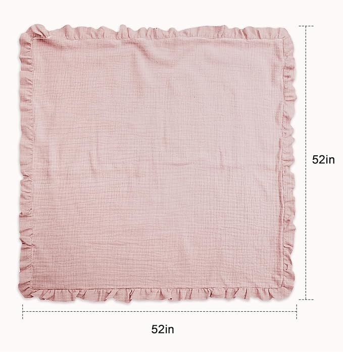 Muslin Ruffled Baby Blanket, Extra Large 52 x 52 Inches, Soft Breathable Cotton Crib Blanket for Newborn Infant Toddler (Floral & Pink-Ruffled, Printed)