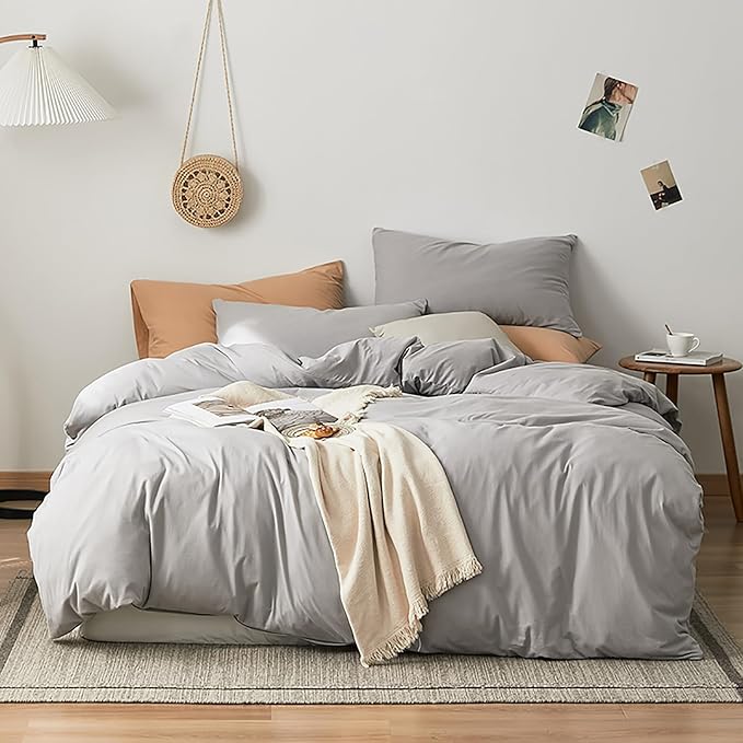Luxlovery Silver Grey Full Size Comforter Set Full Light Grey Bedding Comforter Set Women Men Light Gray Bed Set Soft Breathable Cozy Silver Gray Bedding Set 3 Piece Comforter