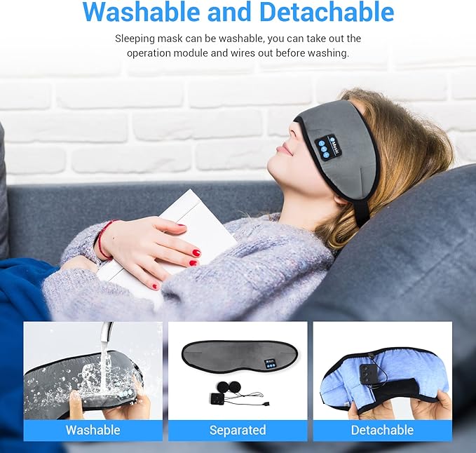 Sleep Headphones - Sleep Mask with Bluetooth Headphones (Grey), Washable Bluetooth Sleep Mask, Built-in Speaker and Microphone, Side Sleeping, Meditation & Travel