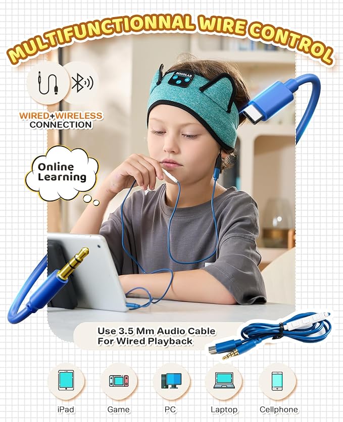 Kids Bluetooth Headband Headphones - Wireless & Wired 3.5mm Jack, Thin Speakers, Adjustable Comfort Fit, Perfect for Toddlers & Children - Home, School & Travel Essentials