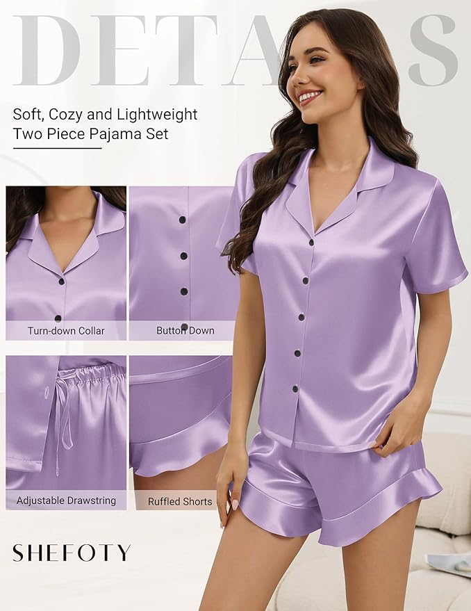 Silk Pajamas for Women Button Down 2 Piece Satin Pjs Shorts Set Ruffle Notch Collar Sleepwear Loungewear