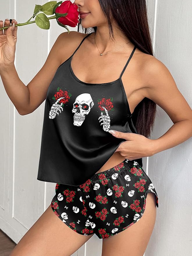 Ekouaer Silk Pajamas Set for Women Satin Backless Lingerie Pjs Cami Top and Shorts Nightwear