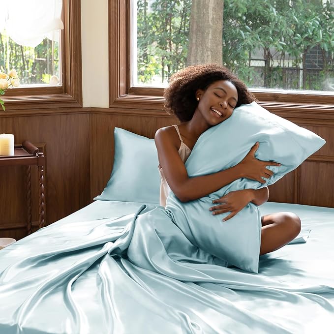 CozyLux Satin Sheets Full Size Sheets - 4 Piece Silky Full Size Bed Sheets, Luxury Light Blue Full Bed Set with Smooth and Soft Microfiber, Includes 1 Fitted Sheet, 1 Flat Sheet and 2 Pillowcases