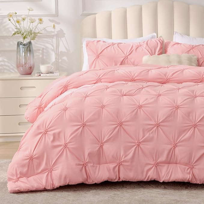 BEDELITE Pink King Size Comforter Set - 3 Pieces Boho Pintuck Bedding Comforter Sets, Lightweight Soft & Warm King Bedding Set with 2 Pillowcases for All Season