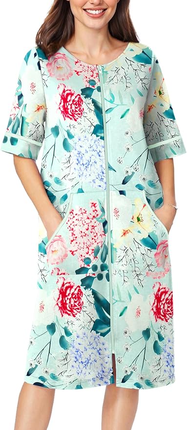 Ekouaer Women Zipper Robe Short Sleeve Duster Housecoat Short Bathrobes Zip Front Nightgown with Pockets S-3XL