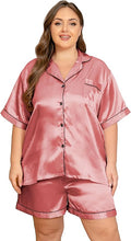 Vozanet Women's Short Sleeve Satin Pajama Sets Silky Ladies Button Down Loungewear Plus Size Nighty Shorts Sets XL to 5XL