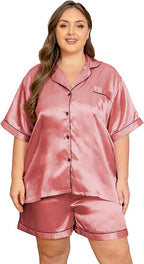 Vozanet Women's Short Sleeve Satin Pajama Sets Silky Ladies Button Down Loungewear Plus Size Nighty Shorts Sets XL to 5XL