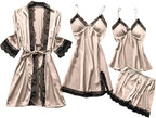 Women's 4pcs Silk Satin Pajamas Set Floral Lace Trim Dress with Robe Lounge Sleepwear Nightdress Novelty Loungewear