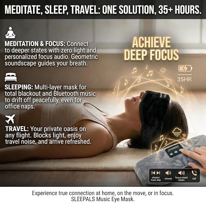 Sleepals Bluetooth Sleep Mask with 24 Built-in White Noise Sounds, Ultra-Slim Headphones for Side Sleepers, 100% Light Blockout 3D Eye Mask, Washable Fleece Sleep Headphones (Black)