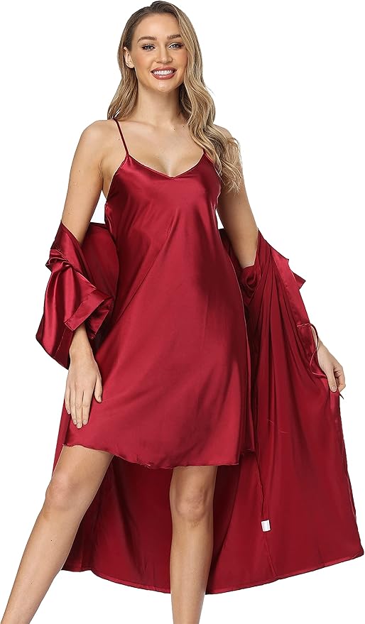 Women's Satin Robes Set with Nightgown Silk Kimono Pajamas 2 Piece Sleepwear Camisole Wedding Bride Gown Set