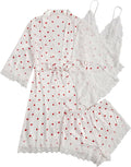 WDIRARA Women' Silk Satin Pajamas Set 4pcs Lingerie Floral Lace Cami Sleepwear with Robe