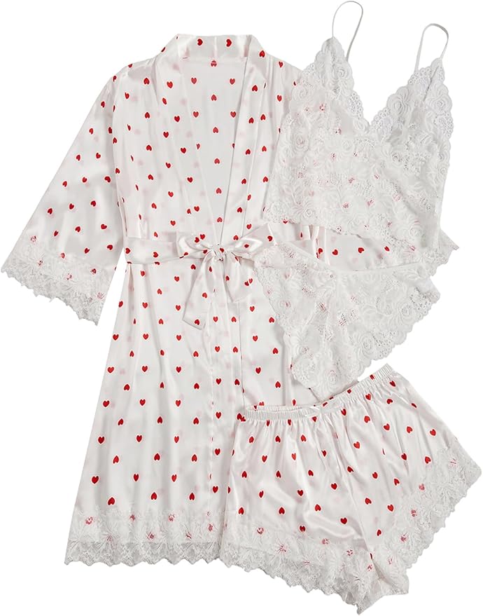 WDIRARA Women' Silk Satin Pajamas Set 4pcs Lingerie Floral Lace Cami Sleepwear with Robe