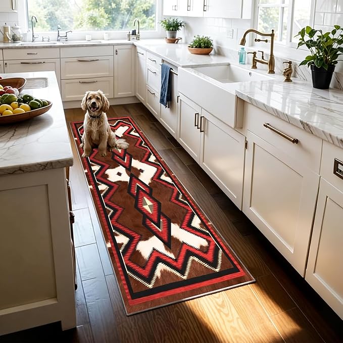 Western Runner Rug,2x8ft,Brown Cow Hide Print Runner Rug,Indoor Soft Non-Slip Washable Country Farmhouse Rugs,Southwestern Aztec Geometric Patt Rustic Runner Rugs,for Hallway Bedroom Floor Mat