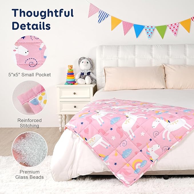 Kivik Weighted Blanket 5 lbs, Pink Weighted Blankets, Soft Breathable Cooling Heavy Throw for School Calming & Home Sleep, Machine Washable, 36 x 48 Inches, Cute Cartoon Unicorn