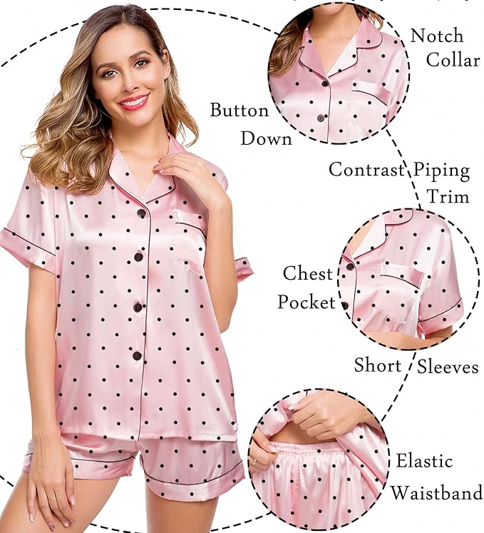 LecGee Womens Silk Satin Pajamas Short Sleeve Loungewear Two-Piece Sleepwear Button-Down Pj Set