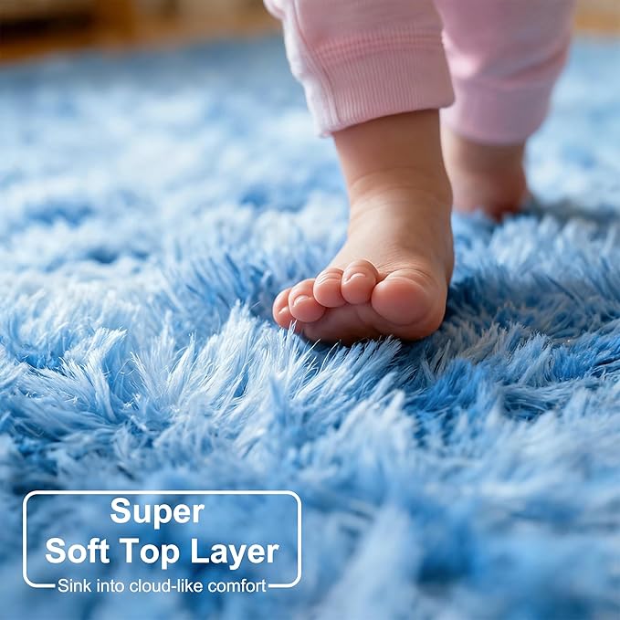Amdrebio Tie-Dyed Light Blue Area Rugs for Girls Boys Bedroom, Soft Cute Fluffy Stitch Rug 4x6 for Baby Kids Room Decor, Plush Shaggy Fuzzy Furry Carpet for Nursery Playroom Classroom Dorm Office
