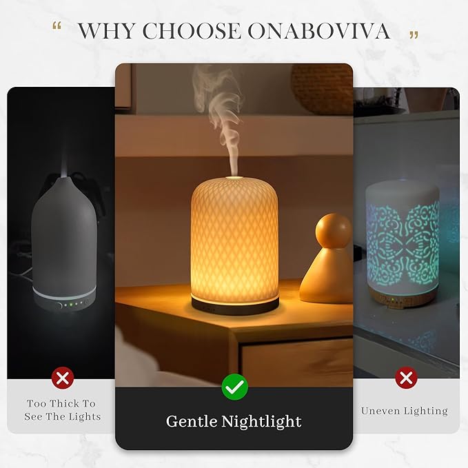 Onaboviva Essential Oil Diffuser - 2.4MHz Ultrasonic Ceramic Diffuser for Home, 110ml, 1/2/3H Mist Timer, Silent (≤25dB), Waterless Auto-Off, Aromatherapy Diffuser with USB Cable